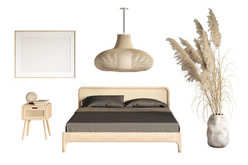 Wall Mural - A set of rattan furniture in bedroom 1. A bed with a rattan headboard and brown linens, tall spikelets in a clay vase, a wicker chandelier, a wooden nightstand, and a blank template poster. 3d render