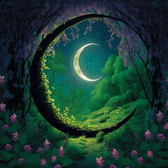 Ramadan moon rise on green spring forest realistic 3d illustration watercolor background