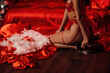 Candid authentic asian sexy girl body parts in red lingerie posing at party on valentines day