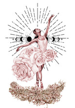 Watercolor Dancing Pink Pretty Ballerina With Flowers And Moon. Watercolor Hand Drawn Illustration. Can Be Used For Cards Or Posters. With White Isolated Background. Young  Pretty Ballerina Women.