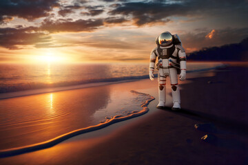 Wall Mural - Astronaut in white spacesuit standing on the surface of Mars, colonization of Mars, settlement of the red planet, expedition to Mars. Copy space, 3D illustration, 3D rendering.