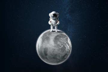 Wall Mural - An astronaut in a white spacesuit standing on the surface of the moon. Exploring space and other planets, colonizing the solar system. Copy space, 3D illustration, 3D renderer.