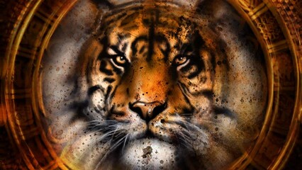 Wall Mural - ancient mayan calendar and tiger head, abstract color background, computer collage, eye contact. loo