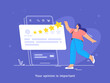 Consumer review and rating a service or goods. Flat vector illustration of woman standing near a big smartphone and leaving comment with 5 stars rating. Customer feedback and user positive rating