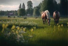  Two Horses Grazing In A Field Of Grass And Flowers With A Barn In The Background And Trees In The Distance, With A Few Wildflowers In The Foreground, And A Few. , AI Generative AI