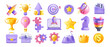 © Oleksandra - 3D startup icon set, rocket launch, laptop screen, creative idea bulb, golden trophy, funnel. Business project vector marketing object kit, professional strategy concept. Startup icon achievement star