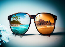 Sunglasses With Tropical Sand Beach And Red Glasses With Seashells. Sunglasses On The Beach. AI Generated