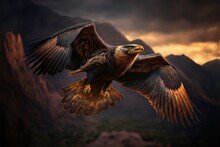  A Bird Flying In The Air With Its Wings Spread Out And Wings Spread Wide Open, With Mountains In The Background And A Cloudy Sky With Clouds And A Few Dark Clouds, With A. , AI