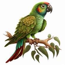  A Colorful Parrot Perched On A Branch Of A Tree With Leaves And Berries Around It's Edges, On A White Background, With A Green And Red Stripe, With A Red,. , AI