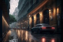  A Car Is Parked On A Rainy Street In The Rain, With Lights On The Buildings And A Street Lamp In The Rain, And A Person Walking Down The Street With An Umbrella In The Rain. , AI