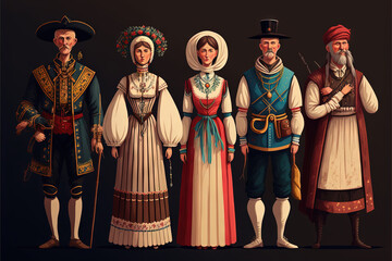  a group of people in renaissance clothing standing next to each other on a black background with a black background behind them and a black background with a white border w Generative AI