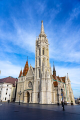 Beautiful Matyas templom Matthias church in Buda castle Budapest with blue sky