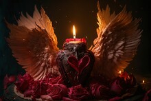  A Candle With Wings And A Heart Surrounded By Roses And Petals With A Candle In The Middle Of It With A Candle In The Middle Of The Candle And A Heart With A Candle On. , AI