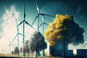 wind turbines illustration with trees and buildings.
Generative AI. 