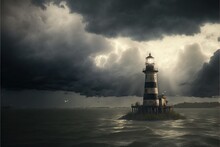  A Lighthouse In The Middle Of A Body Of Water Under A Cloudy Sky With A Lighthouse On It's Tip In The Middle Of The Water, With A Lighthouse In The Middle Of The Water, With A Dark,. , AI