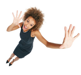 Wall Mural - Surprise, excited and portrait of a black woman with hands isolated on a white background. Shocked, smile and above of an African business employee with a confident gesture in a studio