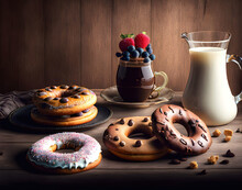 Coffee, Milk And Donuts On The Table, Generative AI
