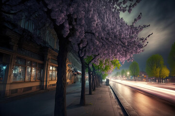 Wall Mural - night city street in spring. Generative AI image.