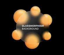 Glassmorphism Background Banner With Transparent Glass Frame Template . Realistic Frosted Glass Morphism Effect With Blurred Abstract Gradient Yellow And Orange Circle Shapes. Vector Illustration