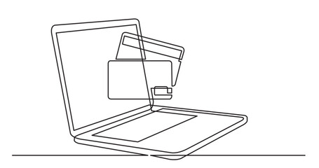 Wall Mural - continuous line drawing vector illustration with fully editable stroke of laptop computer with credi