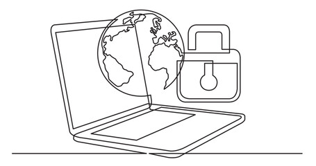 Wall Mural - continuous line drawing vector illustration with fully editable stroke of laptop computer with earth