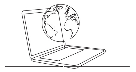 Wall Mural - continuous line drawing vector illustration with fully editable stroke of laptop computer with earth