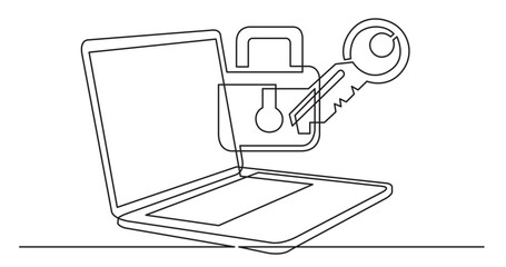 Wall Mural - continuous line drawing vector illustration with fully editable stroke of laptop computer with lock 
