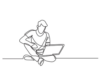 Wall Mural - continuous line drawing vector illustration with fully editable stroke of man sitting with laptop