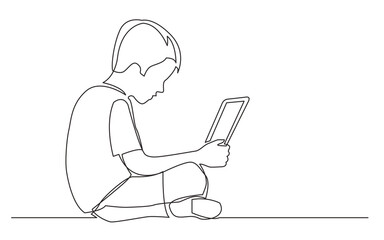 Canvas Print - continuous line drawing vector illustration with FULLY EDITABLE STROKE of sitting boy watching laptop computer