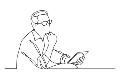 Wall Mural - continuous line drawing vector illustration with FULLY EDITABLE STROKE of sitting man planning with tablet