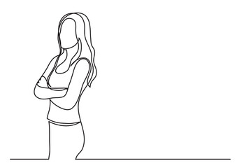 Wall Mural - continuous line drawing vector illustration with fully editable stroke of standing woman thinking