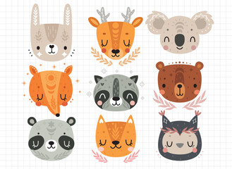 Wall Mural - Cute Boho animals - rabbit, deer, koala, fox, bear, panda, raccoon, owl, cat. Childish characters for your design.
