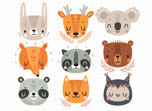 Fototapete - Cute Boho animals - rabbit, deer, koala, fox, bear, panda, raccoon, owl, cat. Childish characters for your design.