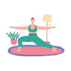 Poster - Cartoon Color Character Woman Home Yoga Virabhadrasana Warrior Position Active Lifestyle Concept Flat Design Style. Vector illustration