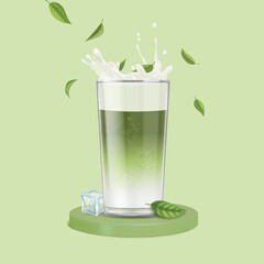 Sticker - Realistic Detailed 3d Japanese Matcha Latte Drink Splashing in Glass Cup on Podium. Vector illustration