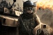 Illustration of a Soldier Cat with a tank and flames in background generative ai