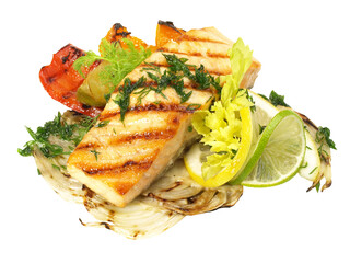 Wall Mural - Grilled Salmon Fish Fillet with Vegetables - PNG Transparent Background