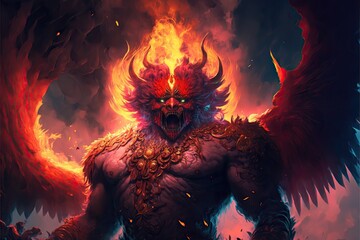 A gigantic wrathful Garuda eagle sorrounded by fire and flames generative ai