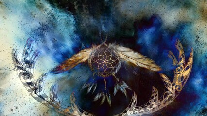 Poster - dream catcher in cosmic space, feathers and ornaments, Indian spirit. Loop Animation