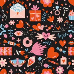 Wall Mural - Saint Valentine's seamless pattern with cute romantic elements on a black background, cartoon style. Trendy modern vector illustration, hand drawn, flat