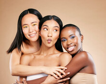 Beauty, Makeup And Happy Portrait With Women Facial Skincare Wellness And Cosmetics Dermatology In Brown Background Studio. Young Model Support, Diversity And Luxury Spa Treatment For Glowing Skin