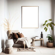 © valiantsin - Interior frame mockup, picture poster wall art mock up at home in Scandinavian minimalistic style. Generative AI