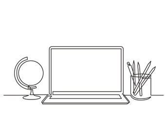 Wall Mural - continuous line drawing vector illustration with fully editable stroke of globe notepad pencils