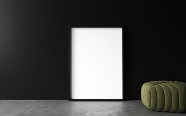 Wall Mural - White painted frame mock up on wooden floor, close up. Gray wall, white blank frame mock up for art or painting. Green velvet pouf . 3d rendering. Template