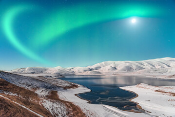 Wall Mural - Beautiful night  winter mountain landscape with small lake.