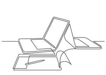 Wall Mural - continuous line drawing vector illustration with fully editable stroke of two laptop computers notep