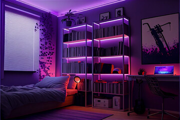 Typical teenage bedroom interior with a purple led light illumination, generative AI