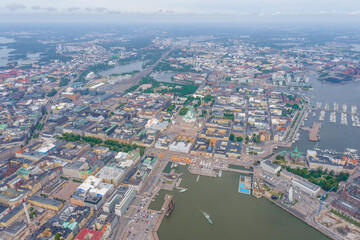 Poster - Helsinki Downtown Cityscape, Finland. Cathedral Square, Market Square, Sky Wheel, Port, Harbor in Background. Drone Point of View