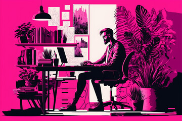 fuchsia Flat vector illustration man work from home workplace concept and business smart working online connect anywhere concept



