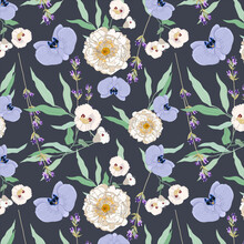 Trendy Floral Seamless Patterns. Cream And Blue Garden Flowers. Design For Fashion, Fabric, Textile, Wallpaper, Cover, Web, Packaging And All Prints On Dark Blue Background